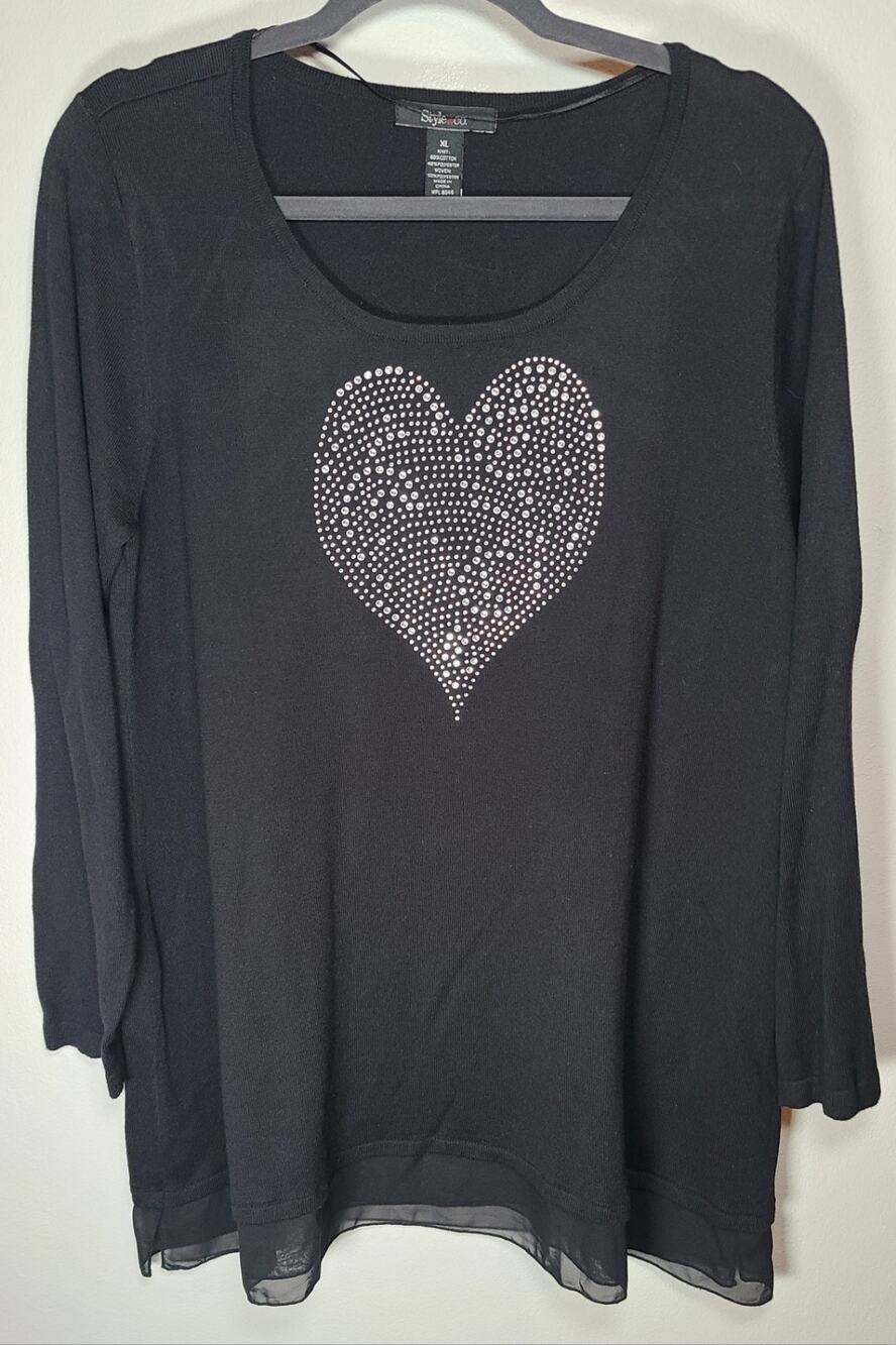Style & Co. Black Knit Tunic Top Rhinestone Heart Chiffon Hem XL Whimsygoth